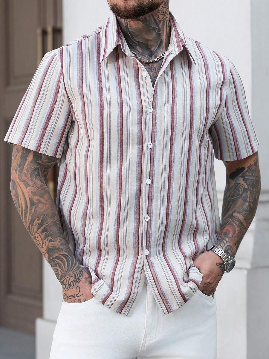 EGENSIO Men's Casual Coffee Striped Short Sleeve Shirt, Summer - Coffee Brown - View 1