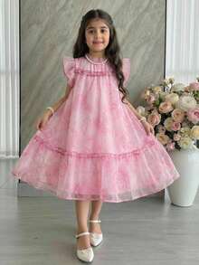 SHEIN Tween Girl Loose Elegant Ruffle Collar Floral Print Dress - Pink - View 4