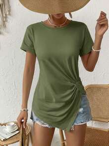 SHEIN LUNE Áo thun nữ cỡ lớn màu trơn cổ tròn tay cánh dơi vạt bất đối xứng kiểu dáng thường ngày - xanh quân đội - Xem 6