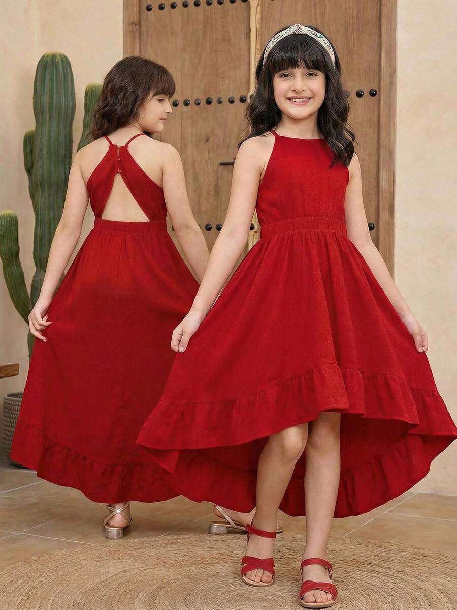 SHEIN Đầm dự tiệc mùa hè thường ngày cho bé gái tuổi teen, chất liệu jacquard dệt họa tiết, màu trơn, hở lưng, vạt bất đối xứng, màu đỏ. - Đỏ - Xem 1