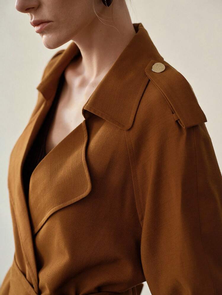 WOMEN'S CHIC LAPEL COLLAR CINCHED WAIST JACKET SHORT BELTED WINDBREAKER JACKET