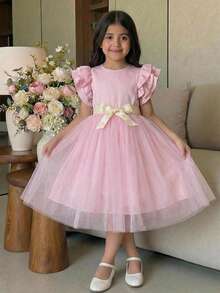 SHEIN Tween Girl Elegant Round Neck Ruffle Hem Mesh Overlay Dress - Pink - View 3