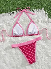 Swim Mod 2pcs/Set New Striped Print Halter Sexy Elegant Vacation Bikini Set, Suitable For Beach, Pool, Party - Multicolor - View 2