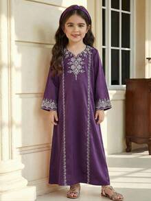 SHEIN Young Girl Geometric Pattern Long Sleeve Loose Dress - Purple - View 5