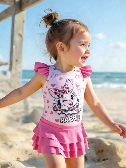 2pcs Baby Girls' Cute Lucky Rabbit & Butterfly Print Stretchy Quick-Dry Comfortable Knit Fabric Swimsuit, Suitable For Beach, Pool, Seaside, Surfing, Vacation, Summer Travel Baby Bathing Suit 2 Piece Baby Girl Swimsuit Rabbit Baby Girl Two Piece Swimming Clothes Toddler Girl Swimwear Baby Swimsuit Girl 2 Piece Set