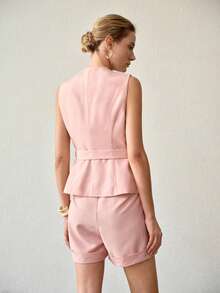 MOTF PREMIUM SUMMER ELEGANT PINK OFFICE LADY COMMUTING ELEGANT DIGNIFIED SLEEVELESS TOP & PANTS WOMEN 2 PIECES SET - Pink - View 5