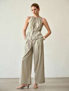 MOTF PREMIUM Elegante y de moda, conjunto de 2 piezas de top sin mangas con pliegues plegados y cinturón, con pantalones de pierna ancha, para verano - verde menta - Ver 4