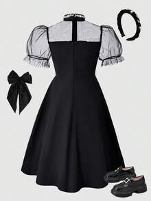 优雅奢华黑色网纱串珠连衣裙，适合晚宴、婚礼、花童、舞会及其他场合。 - 黑色 - 查看 2