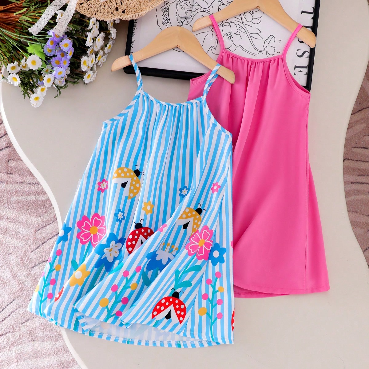 Vestido casual/de fiesta de tirantes finos con estampado de mariposas y flores en línea A para niñas, conjunto informal y lindo de 2 piezas para ver