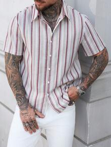 EGENSIO Men's Casual Coffee Striped Short Sleeve Shirt, Summer - Coffee Brown - View 6