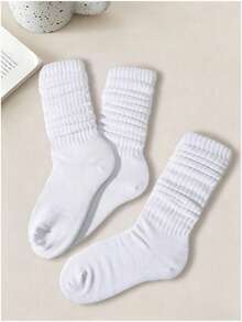 3pairs White Solid Color Basic Pile Heap Socks Mid-Length - White - View 3