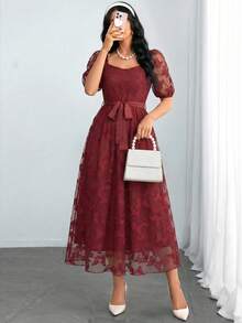 Modelyn Women's Red Short Sleeve Lace Cinched Waist A-Line Elegant Romantic Dress, Spring/Summer Women Elegant Dress Midi Dress Summer Elegant Dress Elegant Midi Dress - Red - View 4