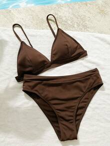 Swim Basics 夏季海灘V領胸圍和高腰游泳褲比基尼套裝泳裝 - 咖啡棕 - 查看 3