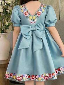 Young Girl Elegant Mandarin Collar Ruffle Embroidered Flare Sleeve Dress - Pink - View 2