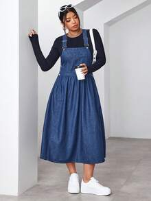 SHEIN EZwear 大码休闲水洗牛仔背带裙 - 中等水洗藍 - 查看 1