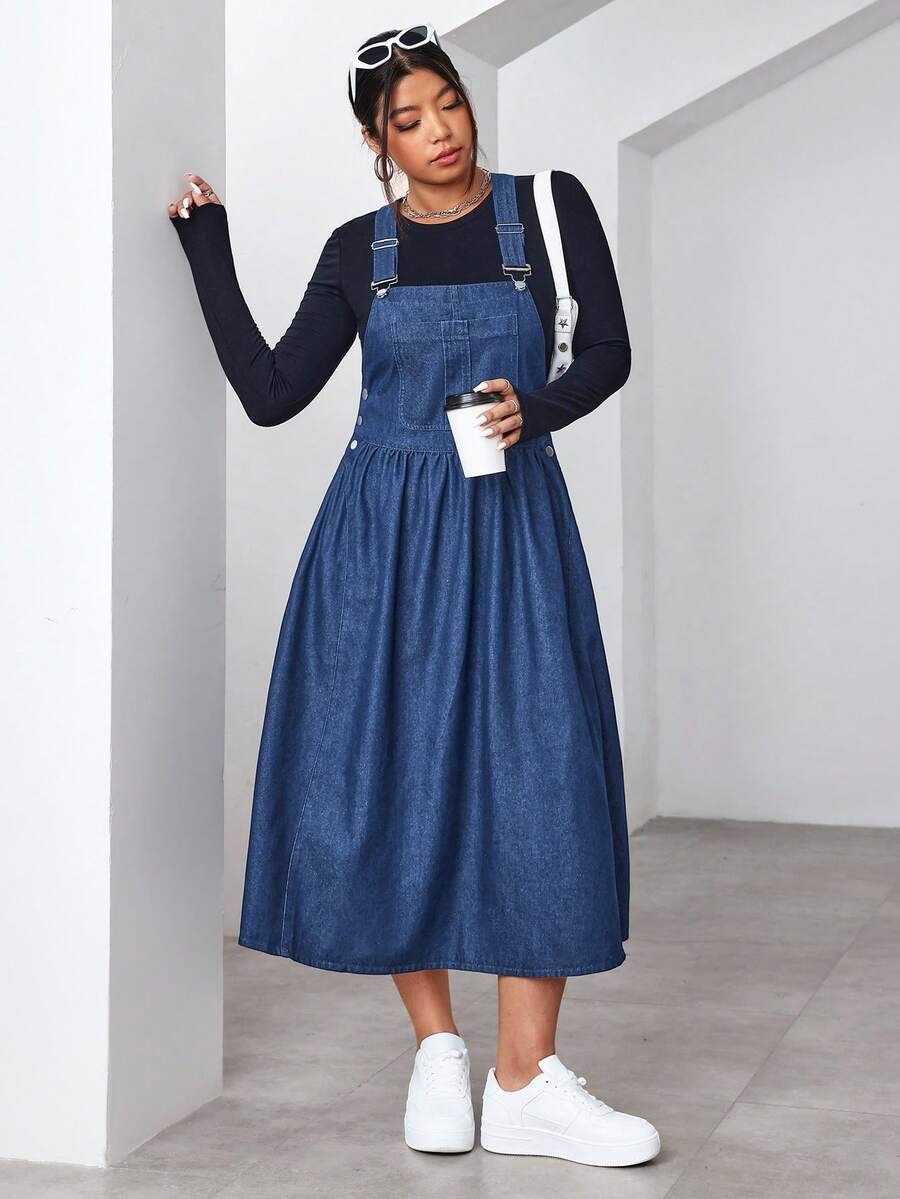 SHEIN EZwear 大码休闲水洗牛仔背带裙 - 中等水洗藍 - 查看 1