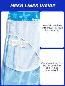 Manfinity Swimmode Men's Boho Baby Blue Beach Shorts With Turtle And Starfish Print Triangle Lining And Pockets,Hawaiian - Baby Blue - View 6