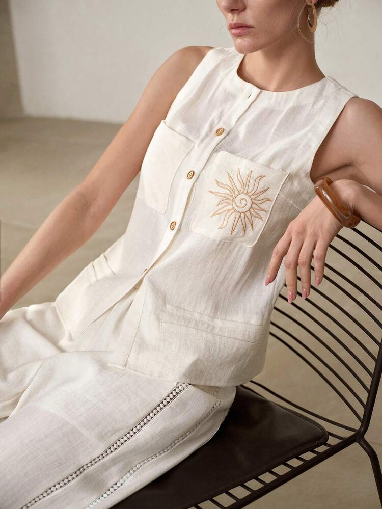VACATION EMBROIDERED BUTTON UP SLEEVELESS TOP AND WIDE LEG PANTS SET