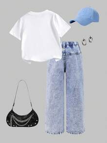 Set de 2 piezas para niñas pequeñas: Blusa de manga corta con cuello redondo y estampado de cachorrito + Pantalones vaqueros elásticos a la cintura desgastados, adecuado para primavera/verano, actividades diarias, al aire ocio - Multicolor - Ver 2