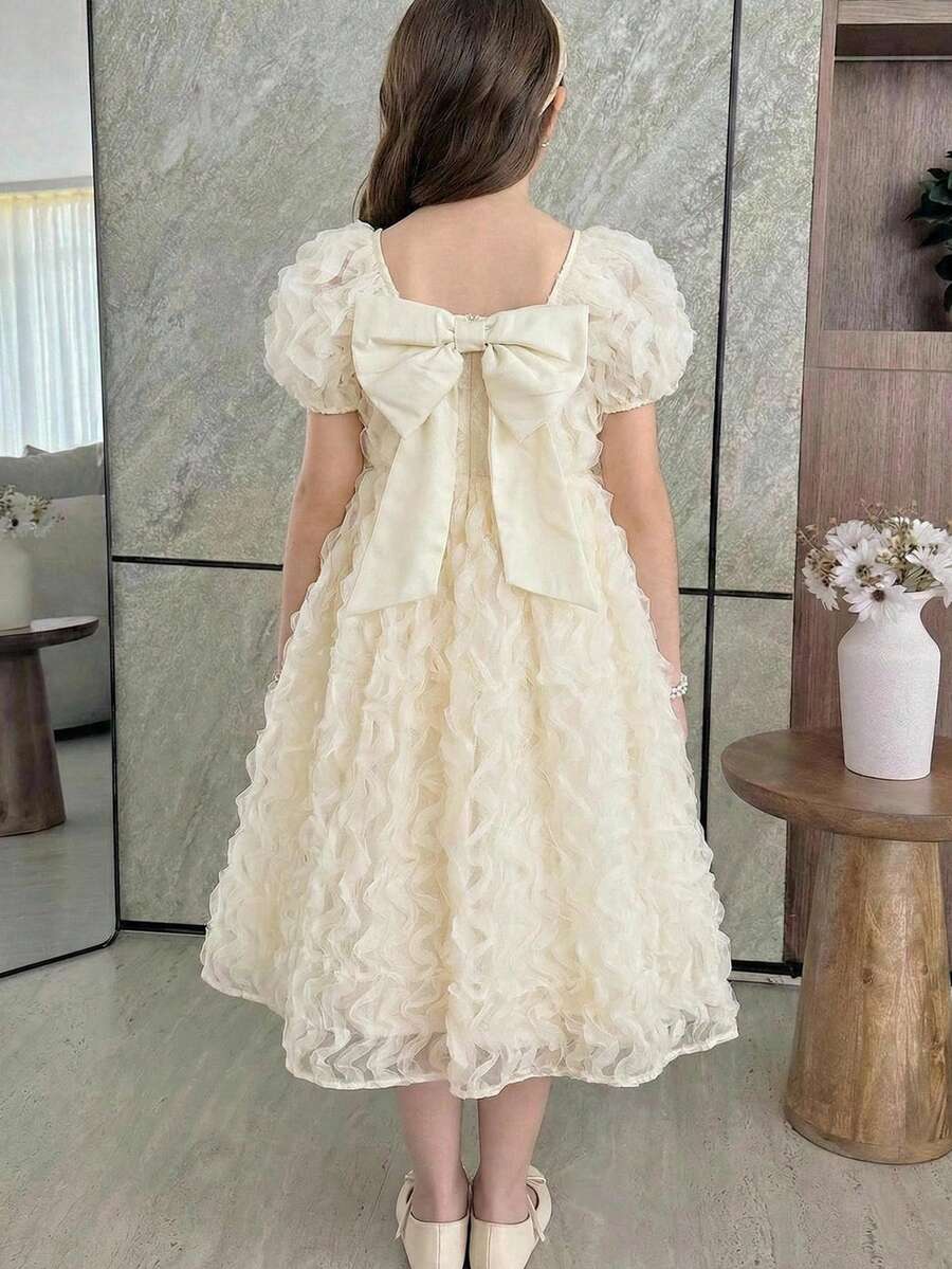 Tween Girl Elegant Puff Sleeve Round Neck Sweet Cute Dress - Black - View 1