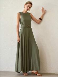 MOTF PREMIUM WOMEN'S LONG LINEN ROUND NECK SLEEVELESS FLARED HEM SPLIT WAIST CLASSIC ELEGANT VERSATILE VACATION PASTORAL ELEGANT DRESS, SPRING/SUMMER - Dark Green - View 5