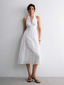 ATUI Studio 女士夏季性感沙滩度假风纯色露背系带中长连衣裙 - 白色 - 查看 1