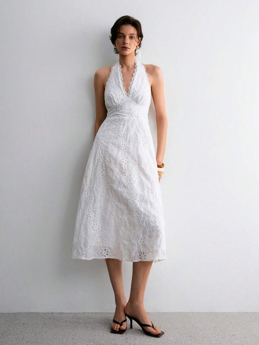 ATUI Studio 女士夏季性感沙滩度假风纯色露背系带中长连衣裙 - 白色 - 查看 1