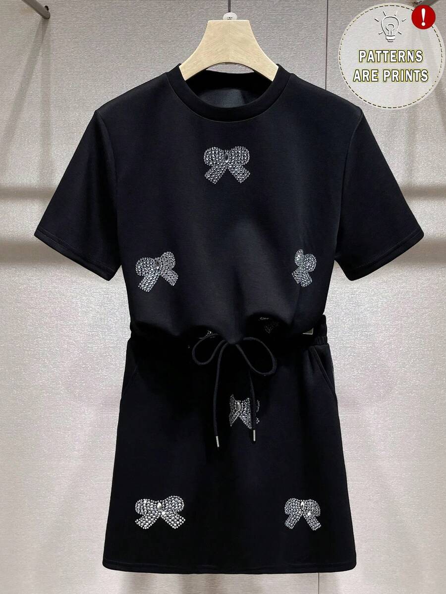 Resyla 女士圆领短袖蝴蝶结装饰休闲夏季套装 - 黑色 - 查看 1