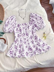Trelyra Casual - Vacation Casual Tie Front Random Print Floral Shirt - Purple - View 2