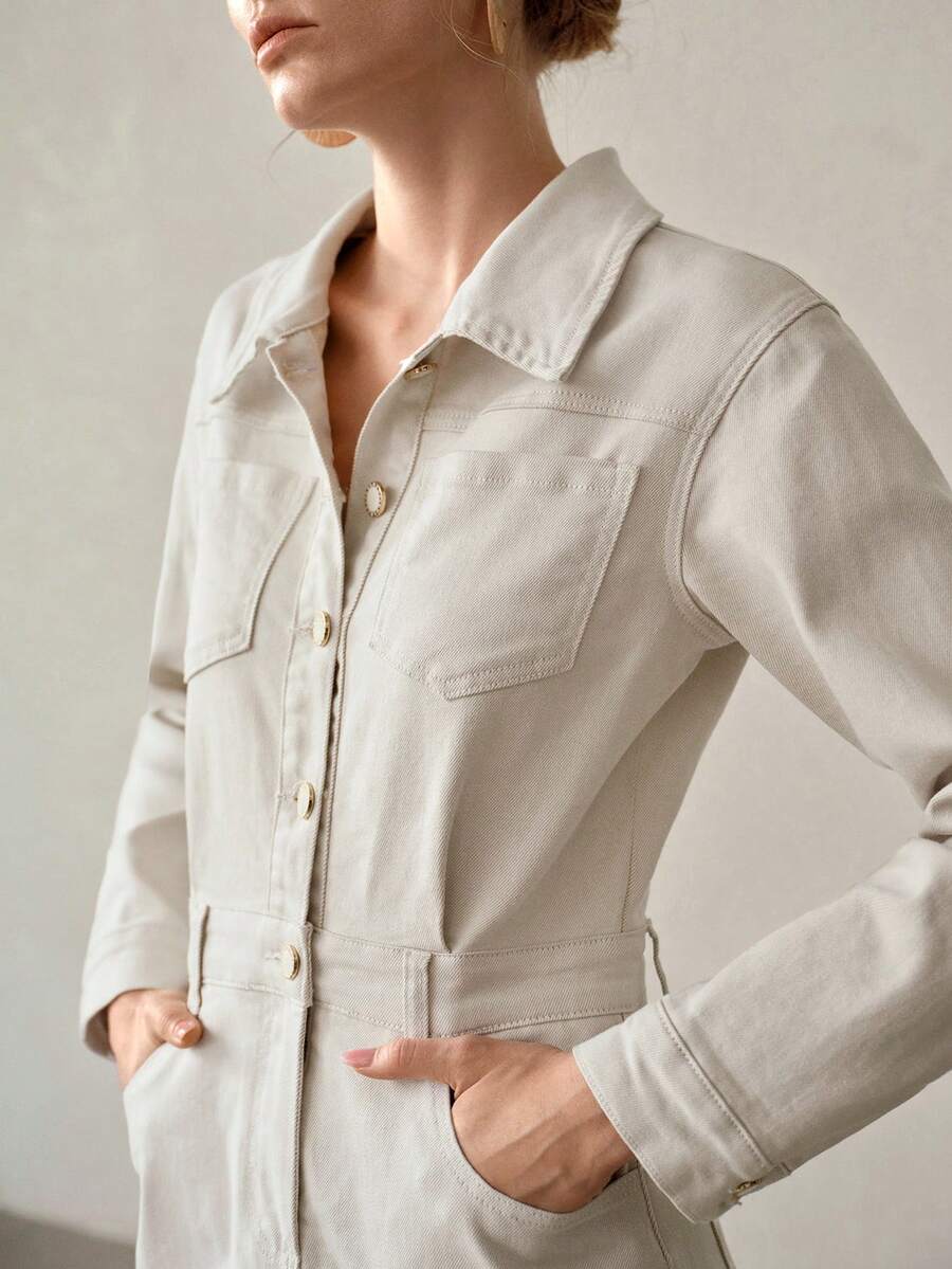 MOTF PREMIUM 时尚半开襟牛仔连衣裙，不带腰带 - 米色 - 查看 2