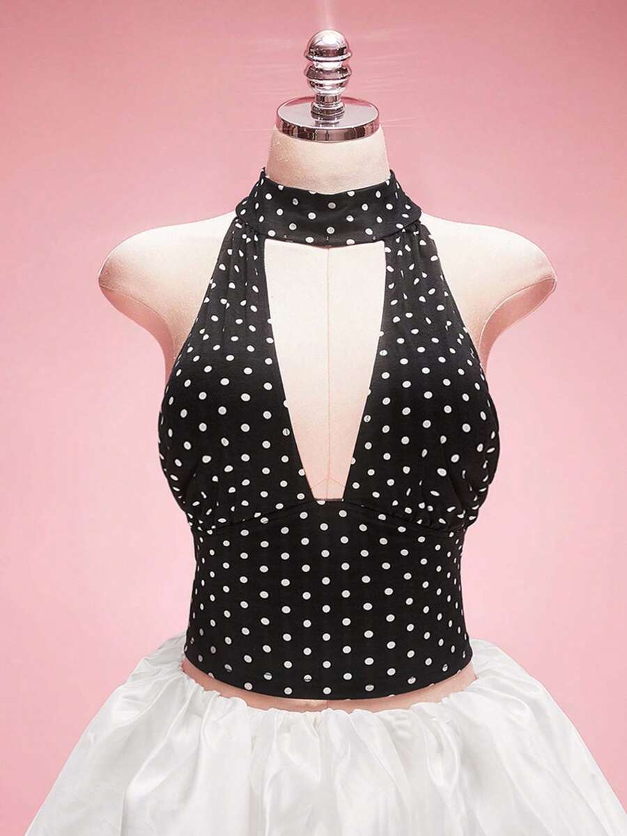 SHEIN ICON 大码女式波点镂空性感吊带背心 - 黑與白 - 查看 1