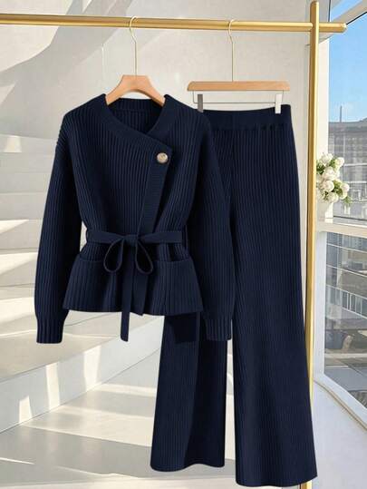 GlowEve New Elegant Pullover With Gold Buttons Women's European And American Chic Versatile Minimalist Fashion Knitted Top And Knitted Pants