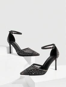 CUCCOO SZL Giày cao gót mũi nhọn màu sâm panh đính đá và lưới, giày dự tiệc cưới sang trọng lấp lánh dành cho nữ. - Than chì đen - Xem 2