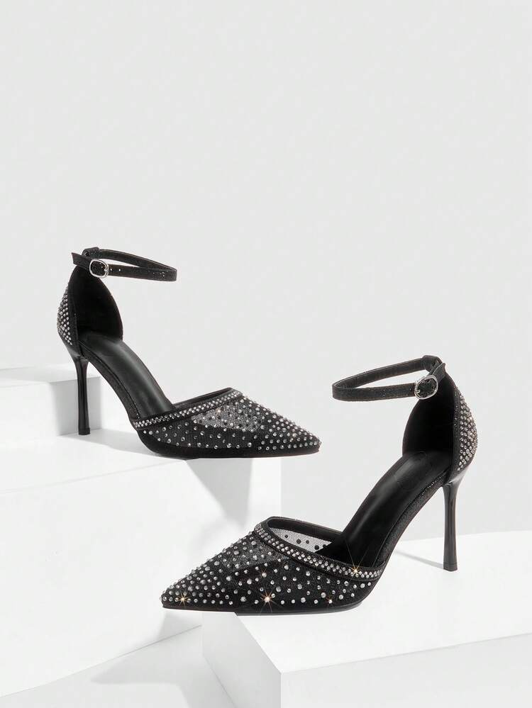 CUCCOO SZL Champagne Color Pointy Toe High Heels With Rhinestones & Mesh Panels, Glittery Luxurious Party Wedding Shoes For Women Valentine's Day