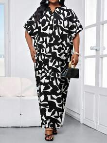 SHEIN Lady 大码女式夏季派对宴会全印花V领蝙蝠袖拼接口袋茧型连衣裙 - 黑與白 - 查看 4