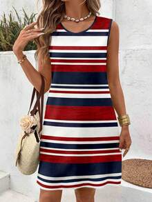 EMERY ROSE Plus Size Women Casual Minimalist Round Neck Sleeveless Striped Nautical Style Tennis Dress, Suitable For Summer - Multicolor - View 1