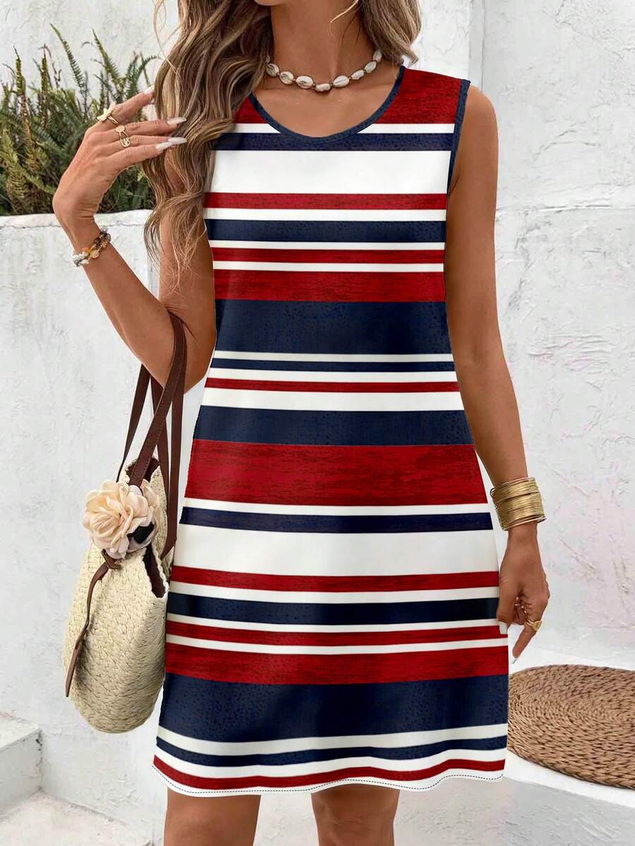 EMERY ROSE Plus Size Women Casual Minimalist Round Neck Sleeveless Striped Nautical Style Tennis Dress, Suitable For Summer - Multicolor - View 1