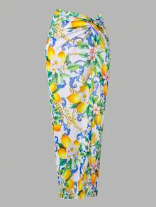 Swim Oasis Women's 3-Piece Swimwear Set: Lemon Chain Print Ruched Halter Top, Adjustable Straps, High-Waisted Twisted Side Slit Skirt, Fashion High-End Style, Summer - Multicolor - View 8