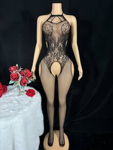 1件装女士性感镂空网纱无袖露背吊带连体衣 - 黑色 - 查看 5