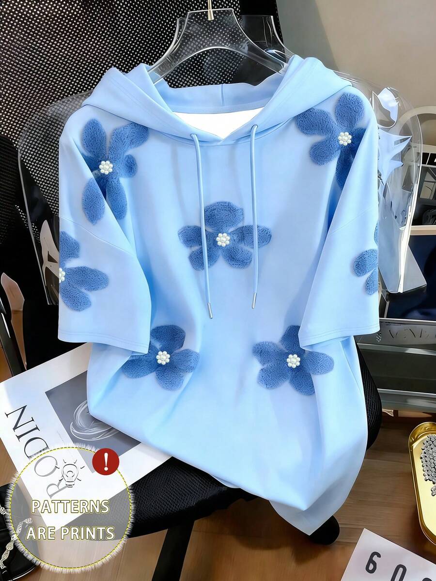 Resyla Women's Casual Cute Macaron Color Floral Print Blue Short Sleeve Top T-Shirt - Blue - View 1