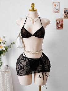 Bellisia 3pcs Sexy Lace Swimsuit Set With Drawstring For Women - Black - View 4