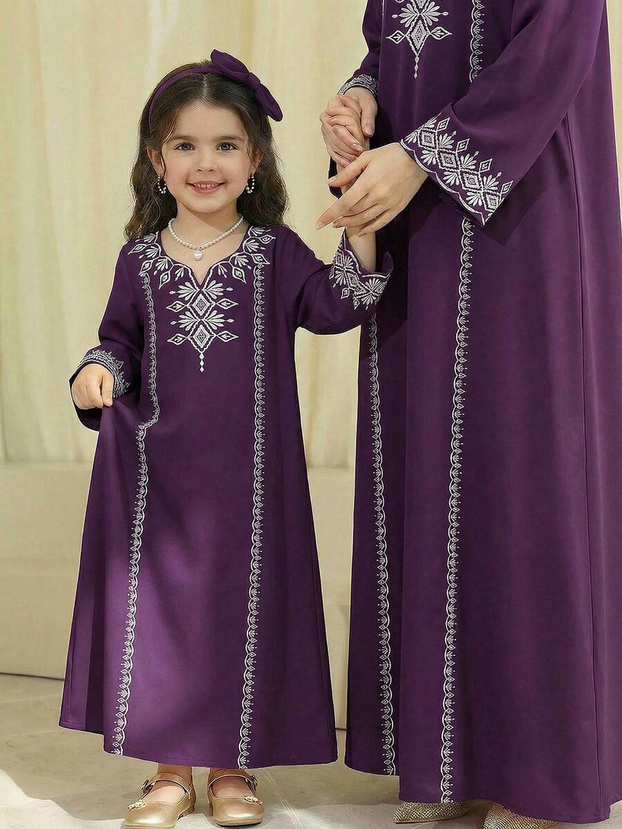SHEIN Young Girl Geometric Pattern Long Sleeve Loose Dress - Purple - View 1