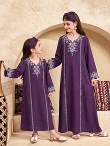 SHEIN Young Girl Geometric Pattern Long Sleeve Loose Dress - Purple - View 6