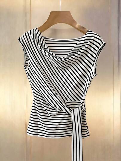 GlowEve Women's Elegant Black & White Striped Draped Collar Wrap Tie T-Shirt
