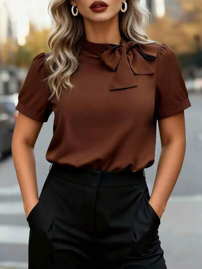 Elenzga Plus Size Women Casual Tie-Up Solid Color Shirt