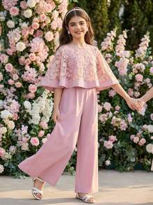 SHEIN Tween Girls' Knit Star Print Overalls, Fashionable For Back To School, Personalized Outfit, Suitable For Spring, Summer, Autumn - Blue - View 1