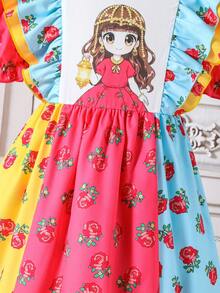 1pc Girls'pink Floral Summer Cute Party Dress,Cartoon Print,Ruffled Puff Short Sleeves,Flared Midi Length,Lightweight Colorblock Casual Festival Wear - Multicolor - View 4