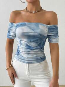 Glamine Áo thun tay ngắn trễ vai xếp ly, in họa tiết nhuộm tie-dye thanh lịch, thích hợp cho mùa hè. - Màu xanh bụi bặm - Xem 6