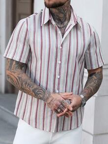 EGENSIO Men's Casual Coffee Striped Short Sleeve Shirt, Summer - Coffee Brown - View 5