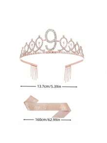 Sparkling Rhinestone Crystal Crown Tiara With Happy Birthday Satin Sash 2PCS Set For Girls 3rd 4th 5th 6th 7th 8th 9th Years Old Birthday Party Decorations, Princess Anniversary Celebration Supplies For Christmas​ - Rose Gold - View 10